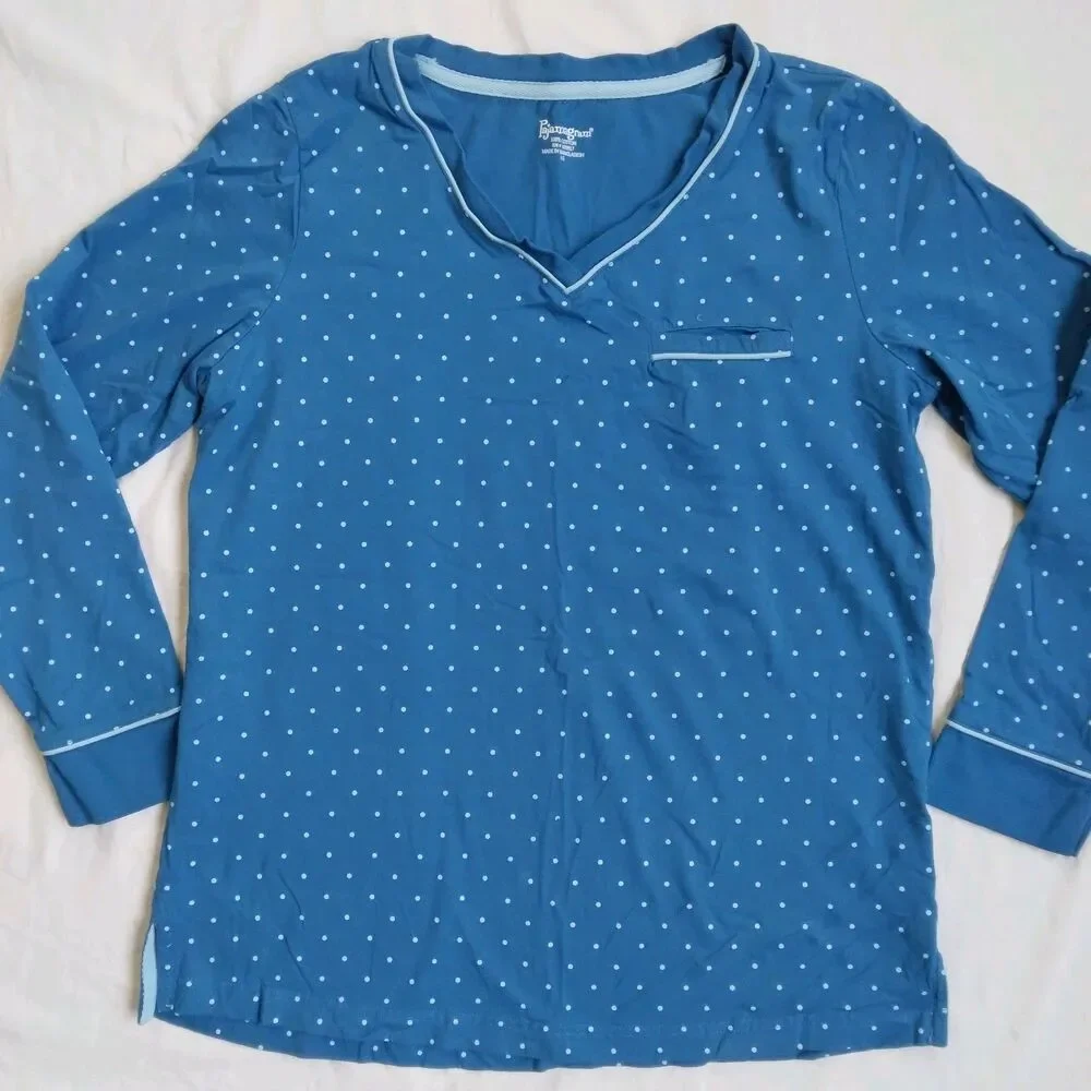 Pajamagram Set Blue Polka Dots Long Sleeve PJs 100% Cotton Women's Size Large